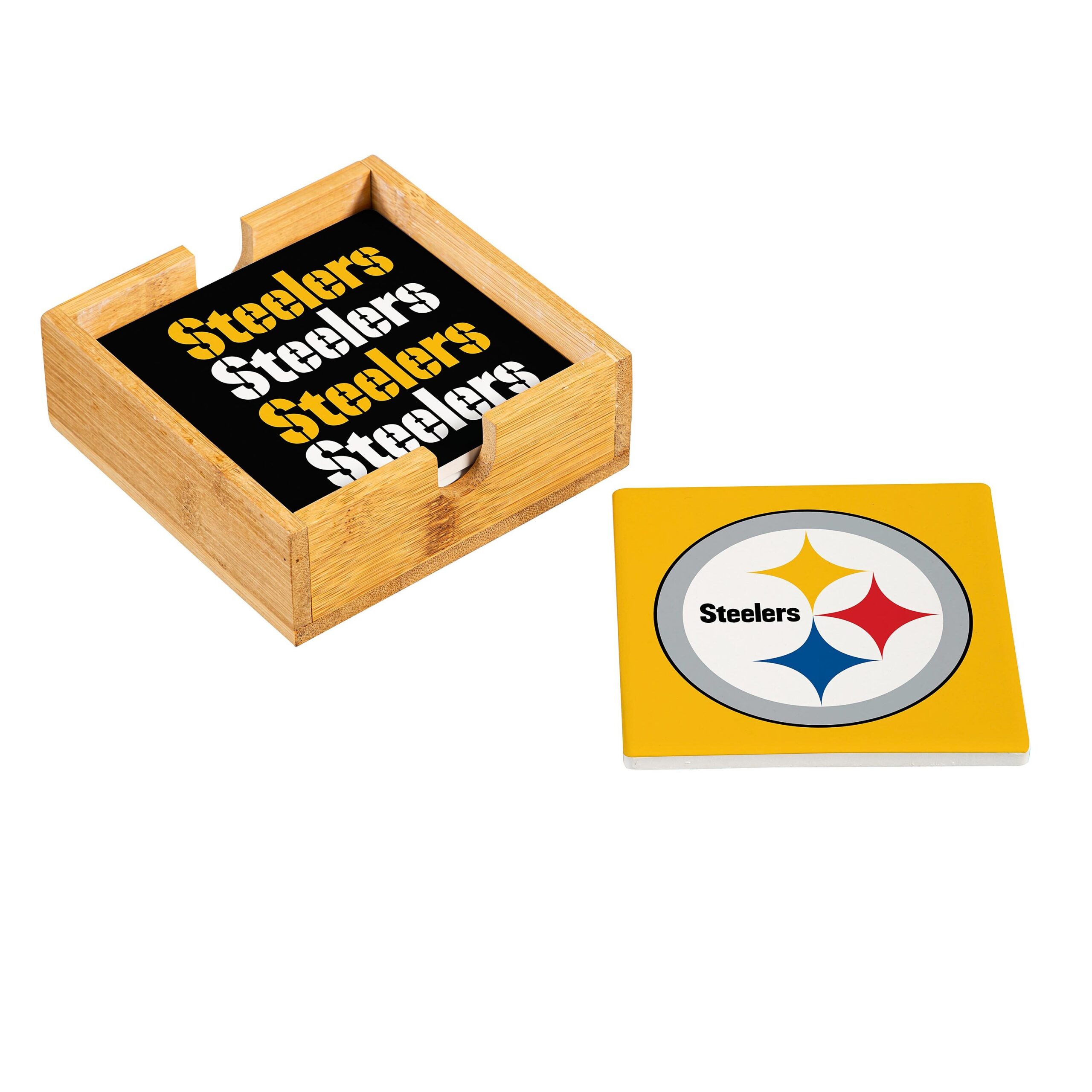 Pittsburgh Steelers Coaster Set 4 Piece with Wood Caddy Pittsburgh Steelers Coaster Set 4 Piece with Wood Caddy