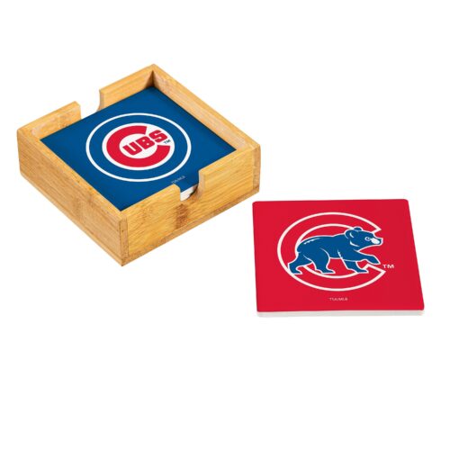 Chicago Cubs Coaster Set 4 Piece with Wood Caddy