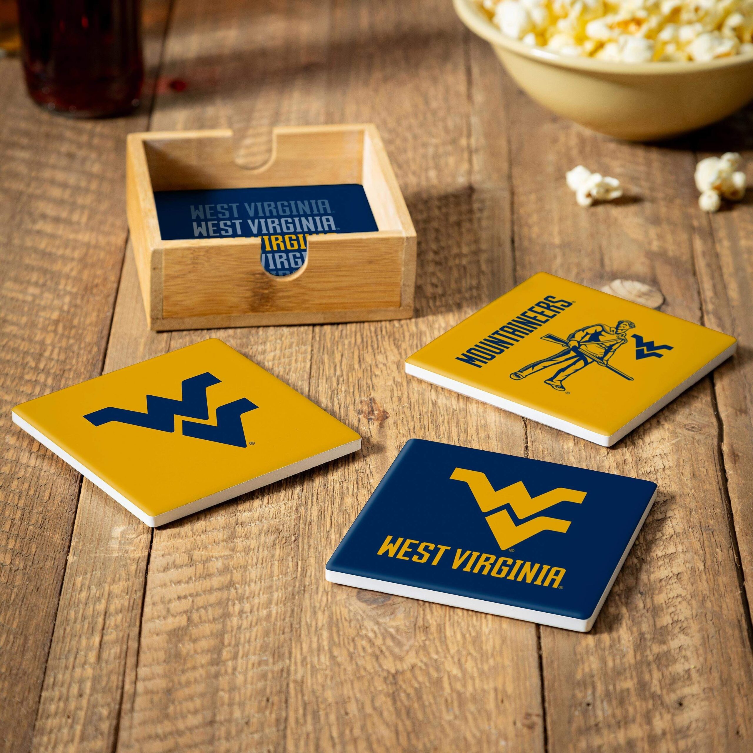 West Virginia Mountaineers Coaster Set 4 Piece with Wood Caddy West Virginia Mountaineers Coaster Set 4 Piece with Wood Caddy