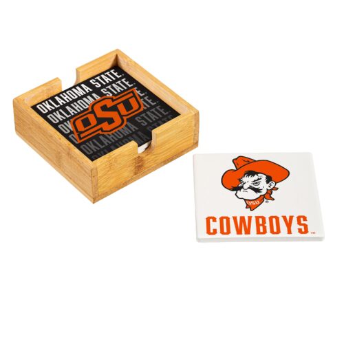 Oklahoma State Cowboys Coaster Set 4 Piece with Wood Caddy